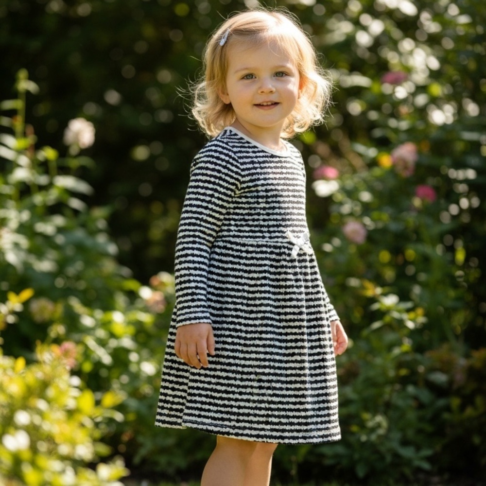 Adorable Striped Kids Dress in Black and White
